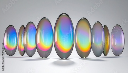 A collection of iridescent oval glass spheres reflecting rainbow colors arranged in a symmetrical composition against a soft grey background.