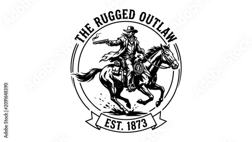 Bild auf Leinwand Retro Wild West Rugged Outlaw Cowboy Riding Stallion with Smoking Pistol Engravi
