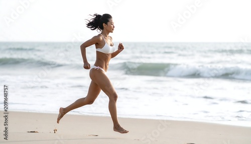 A woman in white swimwear sprints along the sandy shoreline. Ocean waves gently crash in the background under a bright sky