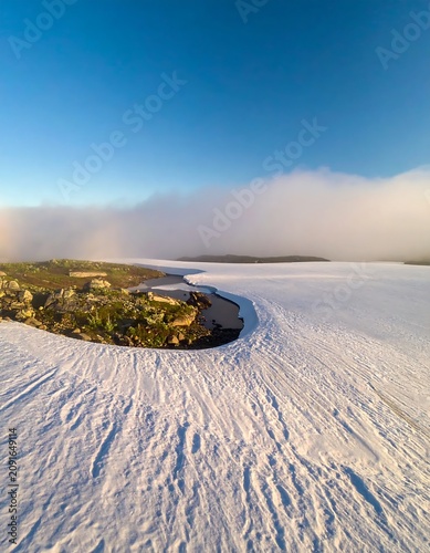 Snowy Terrain with Winding Water Beneath Clear Sky