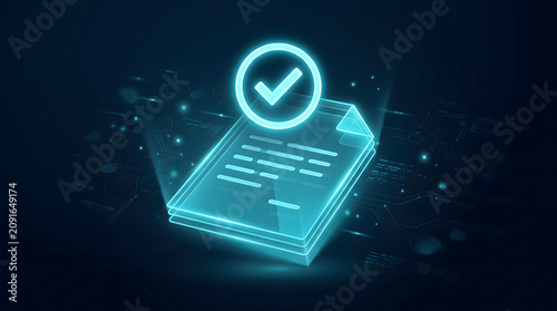 Transparent cyan document with checkmark symbolizing digital verification approval compliance today.