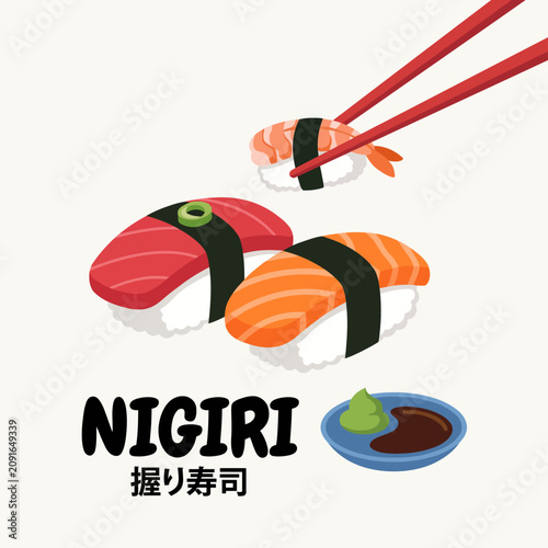 An appetizing illustration of assorted nigiri sushi with vibrant toppings and a small dish of wasabi, capturing the essence of Japanese culinary art and tradition elegantly.