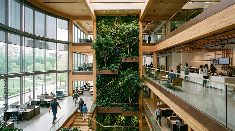 Fototapeta premium Modern biophilic co-working atrium with exposed timber beams, a multi-story living wall, and natural light