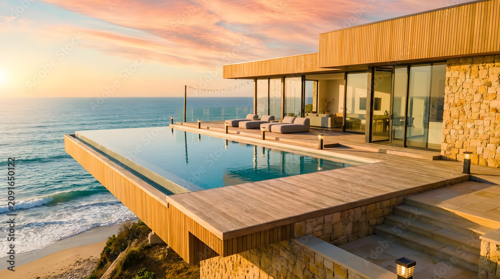 Fototapeta premium Modern luxury beachfront villa with infinity pool, floor-to-ceiling windows, sunset coastal views, minimalist architecture