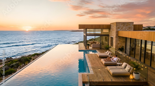 Modern luxury beachfront villa with infinity pool, floor-to-ceiling windows, sunset coastal views, minimalist architecture