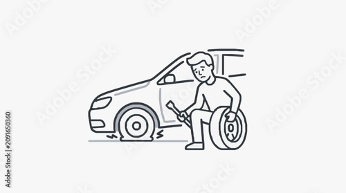 Corporate of a Person Changing a Flat Tire on a Car with Spare Wheel and Jack with high quality professional line art symbols for modern creative design and digital branding projects