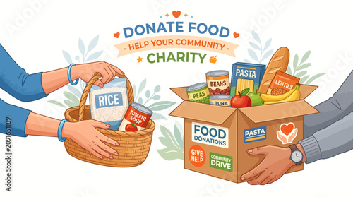 Fotografie Illustration of two hands exchanging a food basket and box with grocery items against a white background with a charity theme