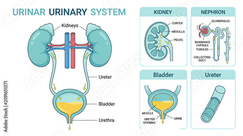 Foto Human Urinary System Anatomy Diagram: Kidneys, Bladder, Ureter, Urethra, Nephron