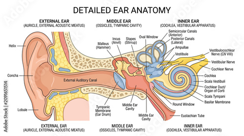 Fotografie Detailed Human Ear Anatomy Diagram: External, Middle, and Inner Ear Structures