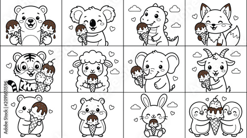 Photography Cute cartoon animals eating ice cream cone collection set bundle for kids childr