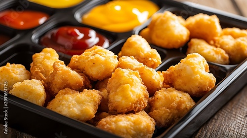 Crispy golden fried chicken nuggets served in a black plastic tray with dipping sauces like ketchup and yellow mustard