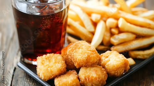 Crispy chicken nuggets served with golden potato french fries and a refreshing glass of dark carbonated soda on wood