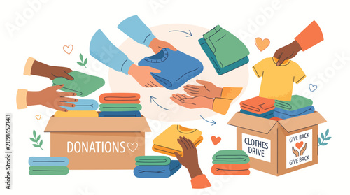 Illustration of diverse hands exchanging and donating clothes into cardboard boxes with labels on a white background with a charitable and helpful mood.