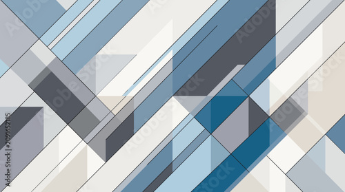 Geometric abstract pattern with intersecting blue, gray, and white blocks on a plain background.