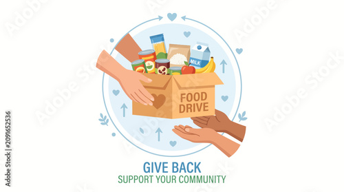 Flat lay of a cardboard box filled with food and other items surrounded by hands with a blue circle and arrows in the background