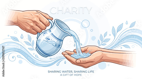 Photography Illustration of two hands pouring water from a pitcher into another hand with a leafy design and the word 'CHARITY' in the background