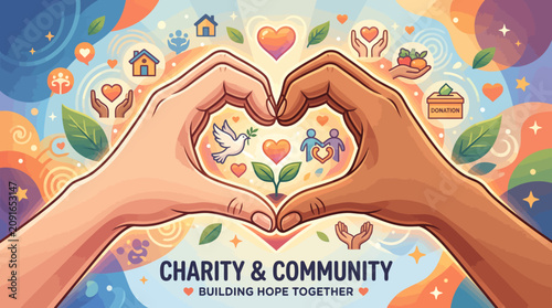 Illustration of two hands forming a heart shape with various charity and community icons in a colorful background.