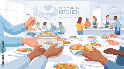 Tablou pe pânză Illustration of diverse people sharing food and eating together at a community kitchen table with a sign reading 'COMMUNITY KITCHEN' in a modern setting