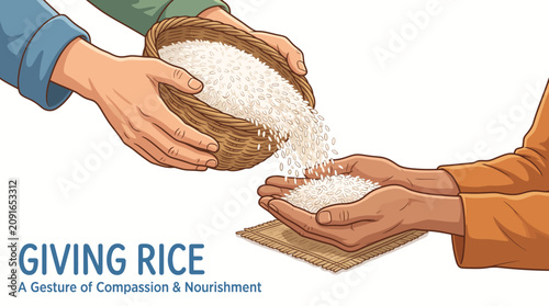 Obraz na płótnie Illustration of two hands exchanging rice grains as a symbol of charity and kindness on a clean white background