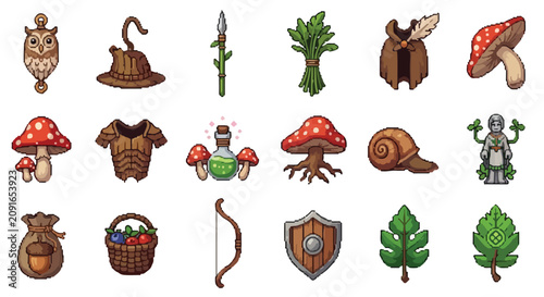 Slika na platnu A collection of eighteen detailed pixel art icons inspired by nature and fantasy, featuring adventure equipment, forest items, and gear