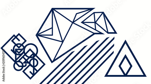 A graphic illustration of geometric shapes including a diamond, triangle, and overlapping squares in blue lines on a white background.