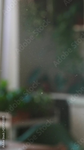 Fine dust suspended in the air, illuminated by daylight streaming through window in apartment, selective focus. Cause of allergies. House cleaning. Slow motion. 