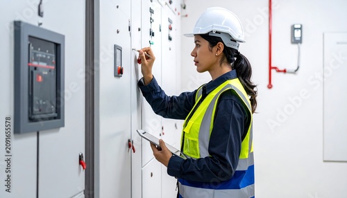 A woman in work attire, wearing a hard hat and safety vest, inspecting electrical panels with a tablet