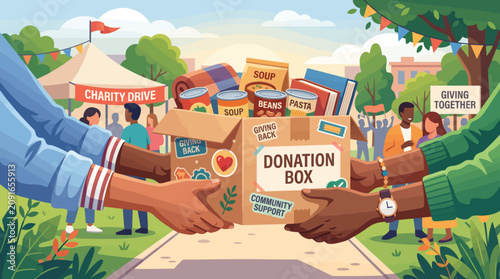 Illustration of diverse hands putting items into a donation box at an outdoor charity event with a tent and people in the background, conveying a sense of community and generosity.
