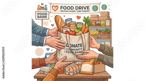 Canvas Print Illustration of diverse hands exchanging food donations on a table with a 'Donate Food Bank' bag in a heartwarming community food drive scene with colorful hearts and grocery items