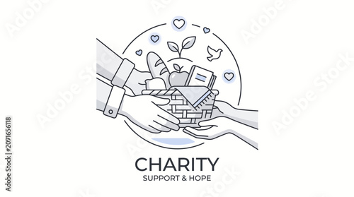 Line drawing of two hands holding a house with a plant growing out of it surrounded by hearts and other symbols with the word 'CHARITY' underneath on a white background.