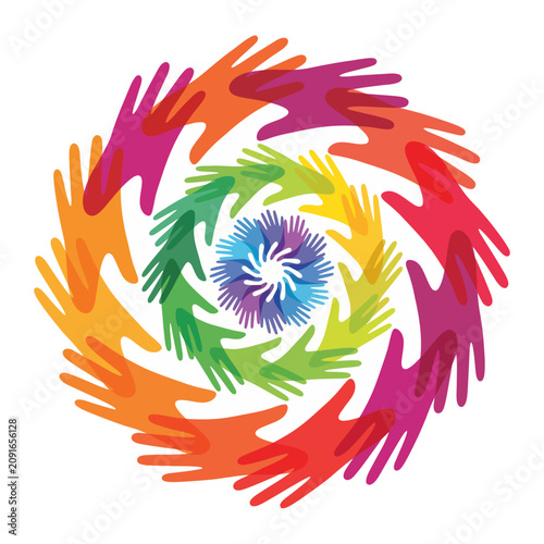 This vibrant image features diverse hands forming a spiral, representing unity, cooperation, and community engagement, ideal for organizations promoting social causes and solidarity.