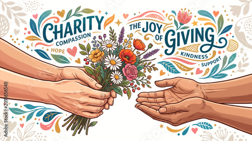 Foto Illustration of two hands exchanging a bouquet of flowers with colorful decorative elements and text emphasizing charity, compassion, kindness, and the joy of giving on a white background