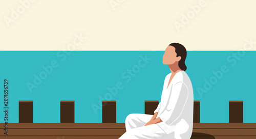 Minimalist flat vector illustration of a wooden pier over blue water
