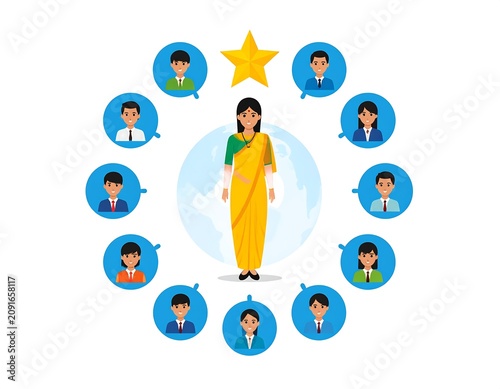 A woman in yellow sari surrounded by avatars, a star above, world globe backdrop. Business concepts illustrated for teamwork and achievement