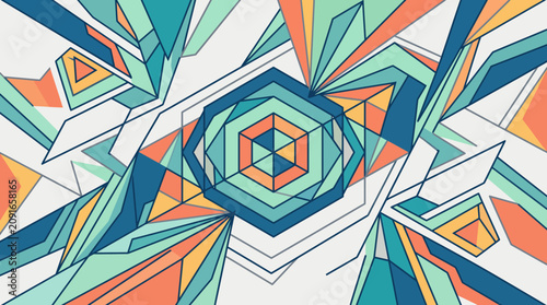 фотографія Vibrant geometric pattern with hexagonal shapes in shades of blue, orange, and green on a white background with a kaleidoscope effect