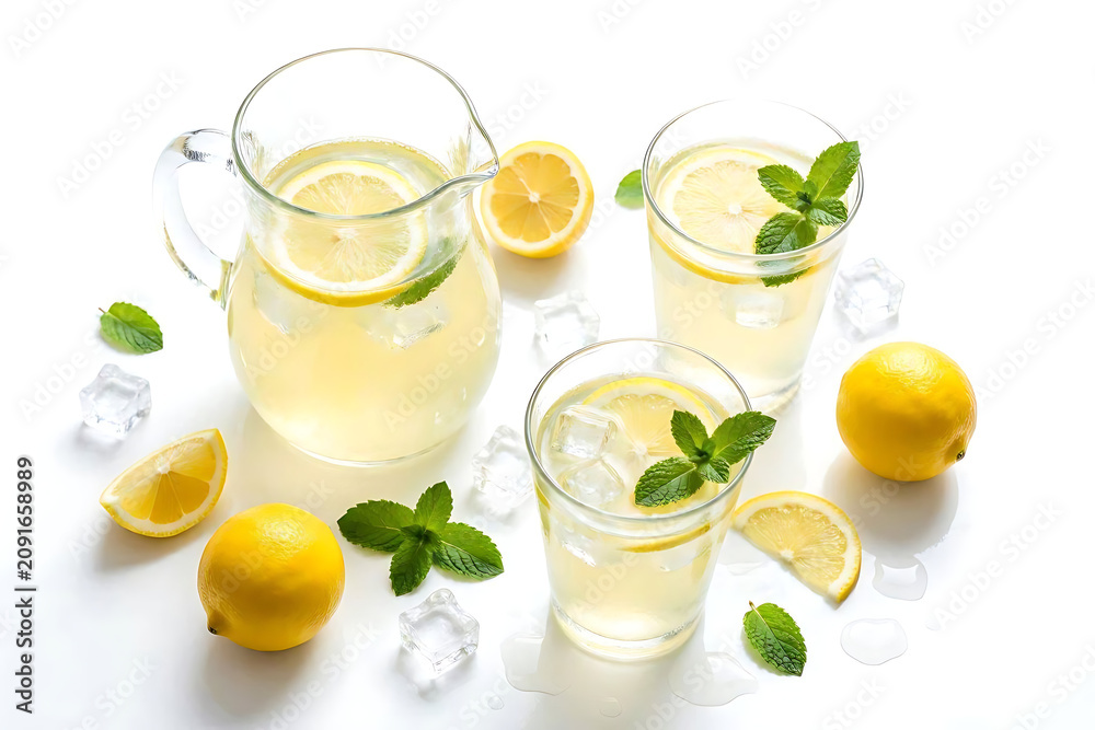 Fototapeta premium Refreshing Homemade Lemonade with Fresh Mint and Ice on White Background