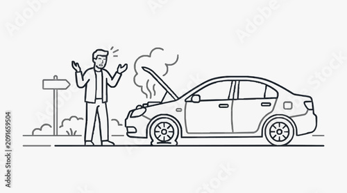 Obraz na płótnie Creative Black and White Line Drawing of Frustrated Man with Broken Down Car Emi