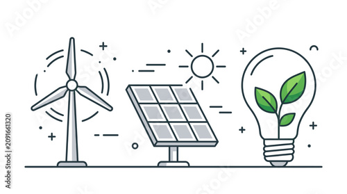 Foto Line art icons for wind solar and bioenergy concepts.