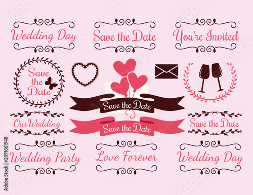 Pink wedding save the date calligraphic elements, ribbons, hearts, and lettering set.