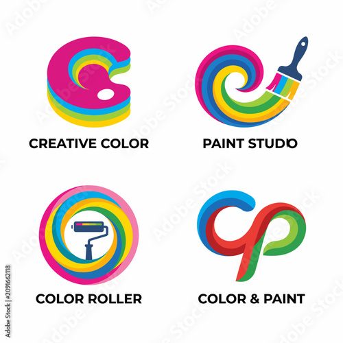 This image features four vibrant logos representing creativity and art, showcasing a playful use of color and design that appeals to artists and creatives alike.