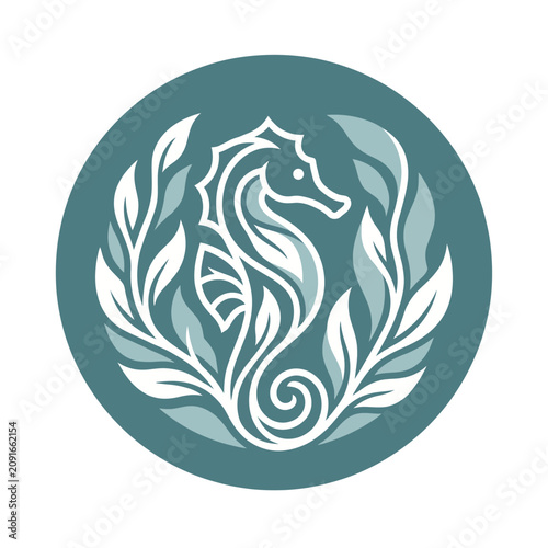A beautifully designed emblem of a seahorse surrounded by decorative leaves, representing ocean life, elegance, and nature's intricate details in a stylish circular format.