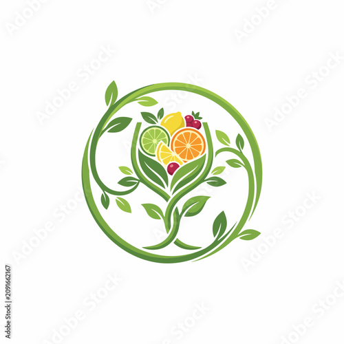 This image features a colorful array of fruits intertwined with leaves in a circular design, symbolizing nature's abundance and freshness in a unique artistic style.