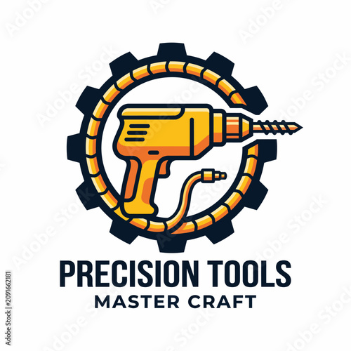 This illustration depicts a yellow power drill encased in a gear, symbolizing precision and craftsmanship, ideal for showcasing tool-related brands in marketing ventures.