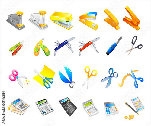Set of colorful office supplies, stationery, scissors, staplers, and folders icons.