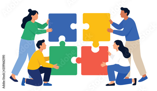 фотографія Vector art of four people holding puzzle pieces and joining them together, representing teamwork, collaboration, unity, and successful partnership concept design
