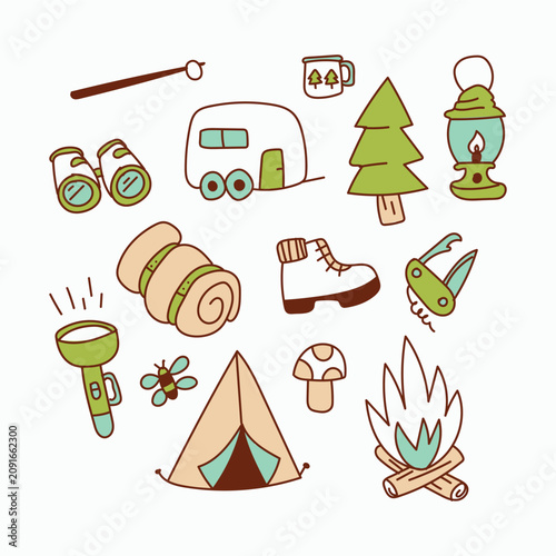 Cute hand drawn camping, hiking, and outdoor adventure elements and icons set