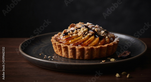 A sophisticated product photograph for a high-end bakery. A single, refined apple tartlet topped with a light, spiced-cardamom crumble and a delicate, balsamic-fig reduction.