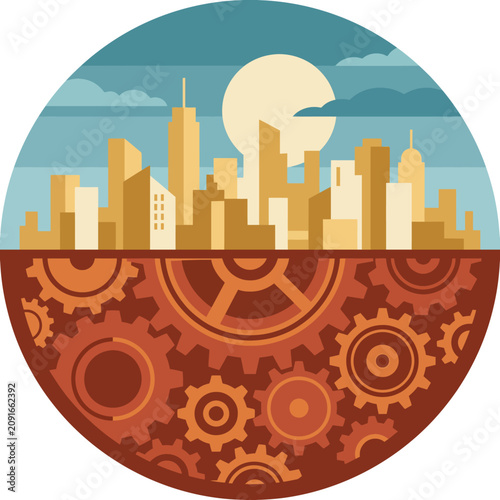 A creative cityscape illustration featuring abstract gears, representing the synergy between urban development and machinery, ideal for themes related to industry and modernization.