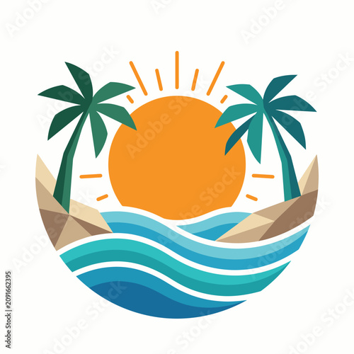 A vibrant tropical beach scene featuring palm trees and a radiant sun, capturing the essence of summer, relaxation, and natural beauty for a peaceful escape.