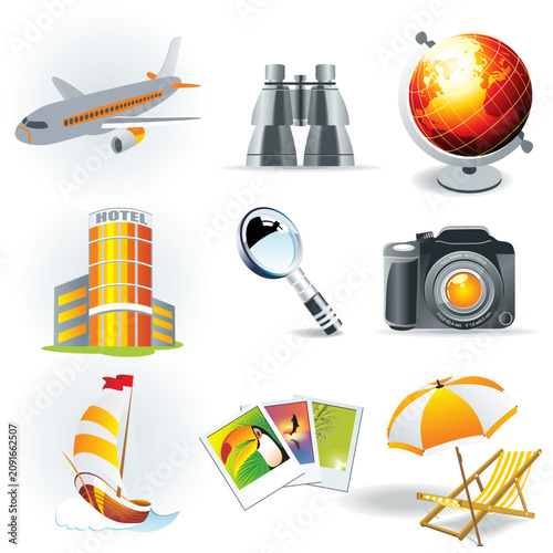 Set of realistic 3D icons for travel, tourism, vacation, and summer holidays.